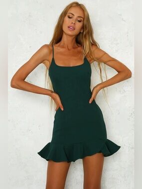 Hello Molly Dark Green Ruffle-Hem Spaghetti Strap Dress